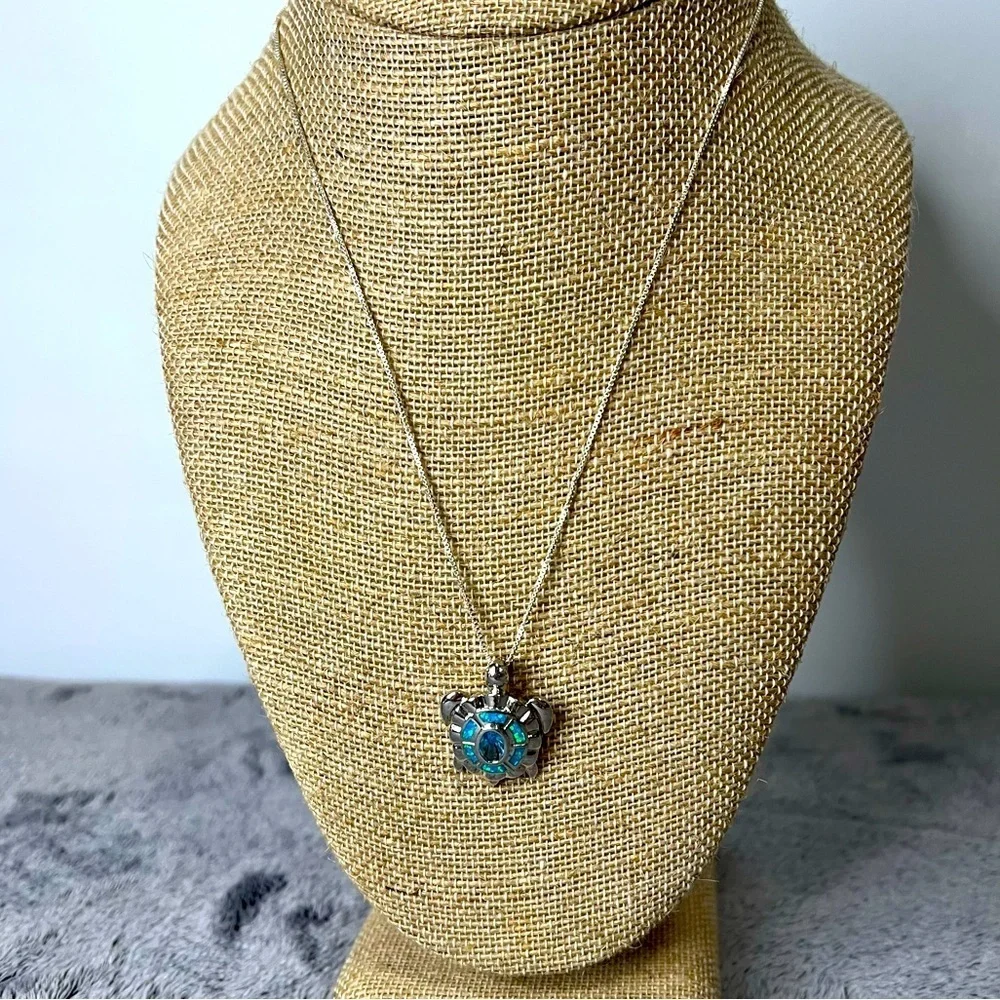 Sterling Silver Opal Sea Turtle Necklace Matching Earrings  Set